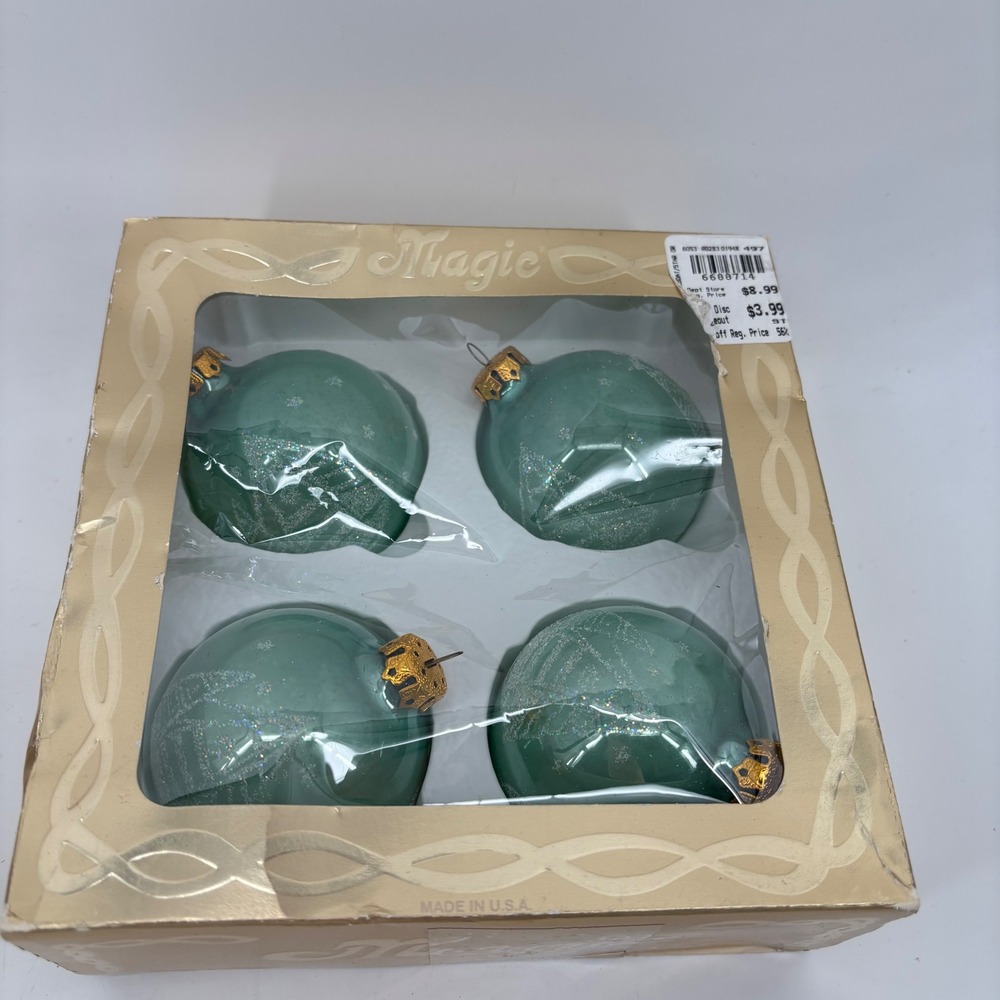 Vintage Magic Christmas Ornaments Teal Glitter Sailboat Glass Set of 4